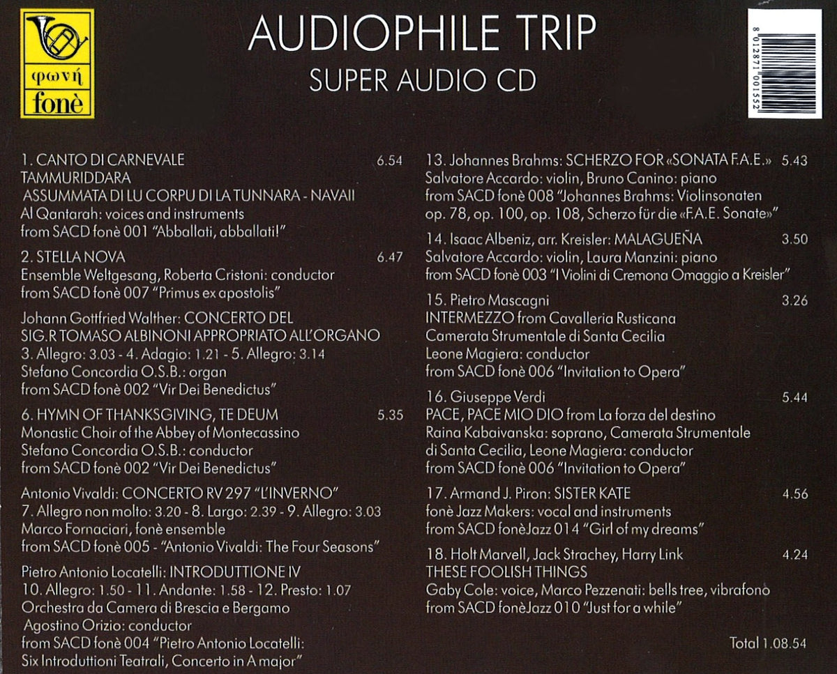 Retrocopertina originale Audiophile Trip di Fonè Records con elenco dei diciotto brani e crediti