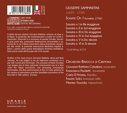 GIUSEPPE SAMMARTINI: SONATAS FOR TWO TRANSVERSE FLUTES WITH THEIR BASS, OP. I