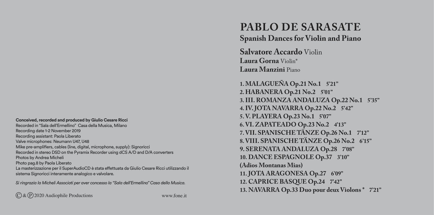 PABLO DE SARASATE: Spanish Dances for Violin and Piano | Accardo, Manzini