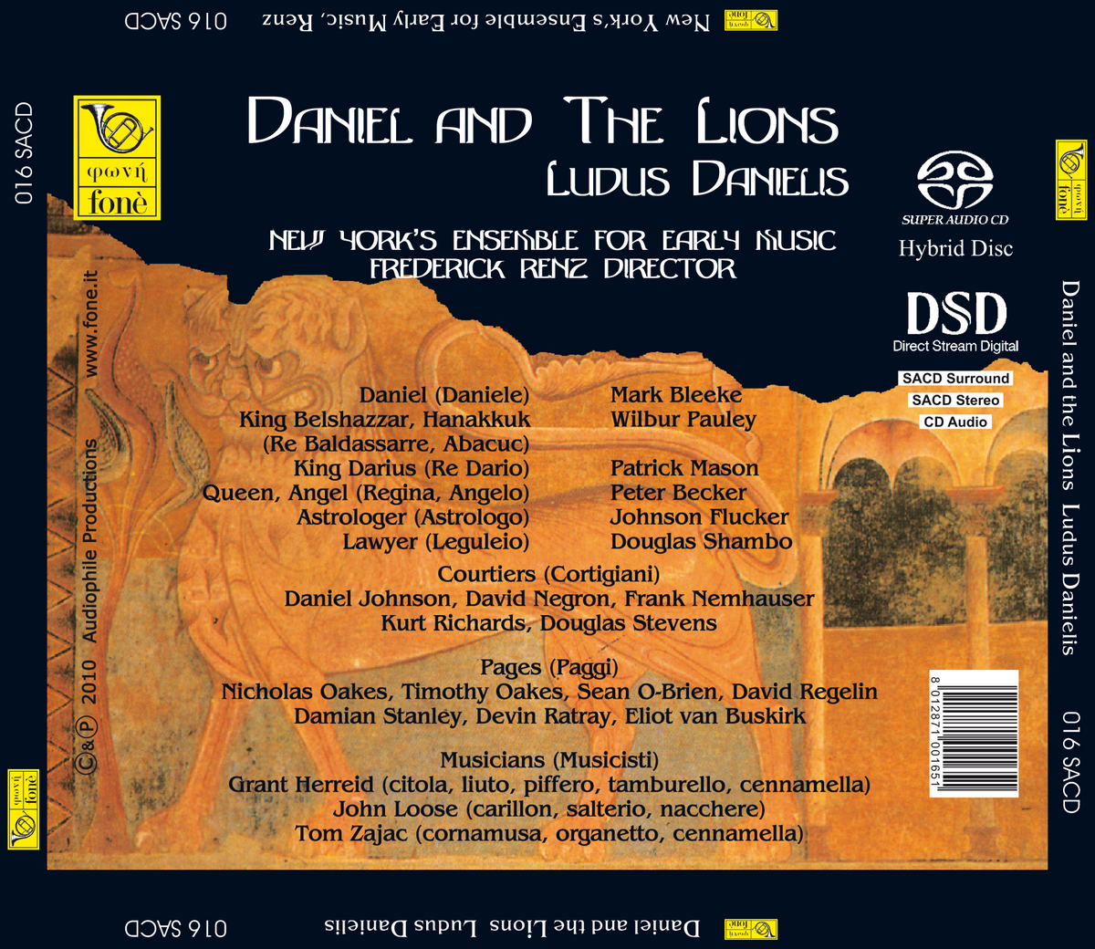 Grafica originale dell'inlay di Daniel and the Lions — Ludus Danielis, con cast e musicisti della registrazione Fonè