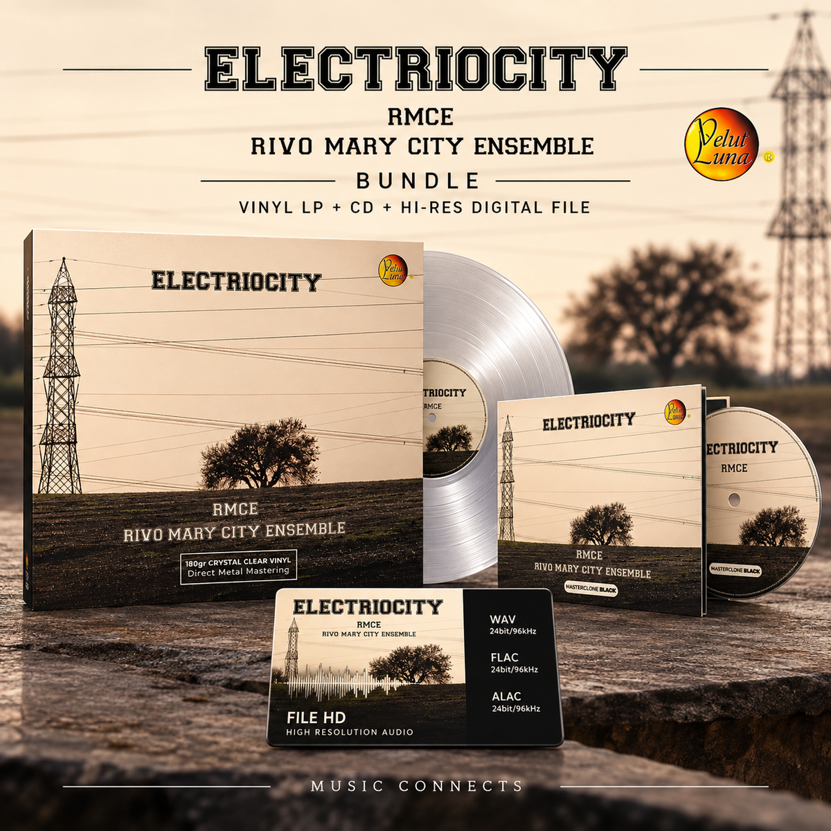 Electriocity – RMCE Rivo Mary City Ensemble – Bundle Crystal Vinyl LP + Masterclone Black CD Digipack + File HD