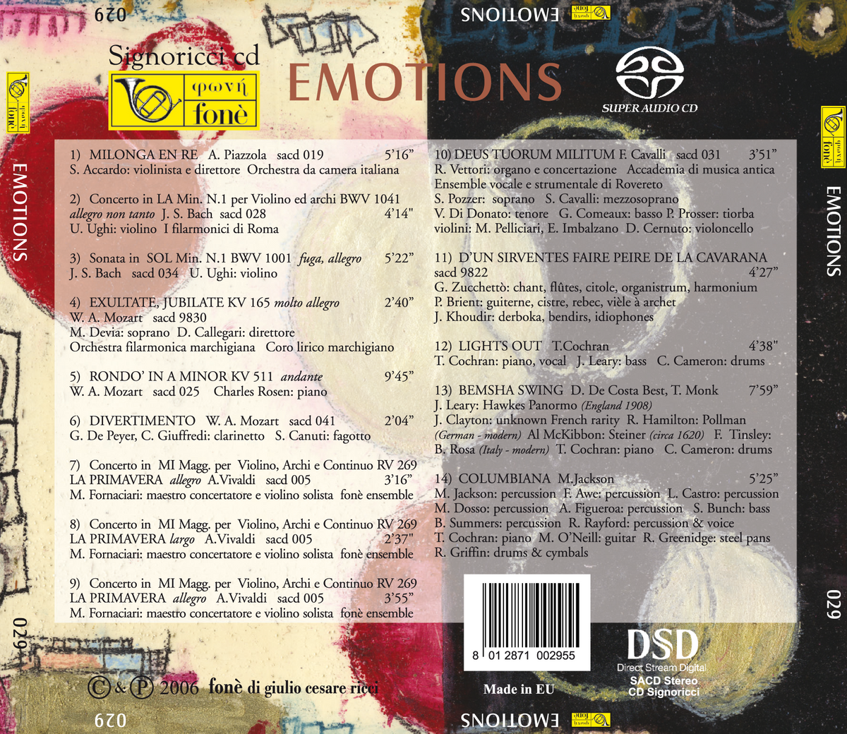 Inlay originale di Emotions Fonè con la tracklist completa di 14 brani e i crediti degli interpreti