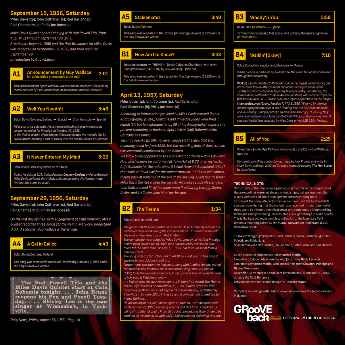 Miles Davis Complete Café Bohemia Vol. 1 – flyer lato B ripulito – tracklist e crediti – GRooVE back Records