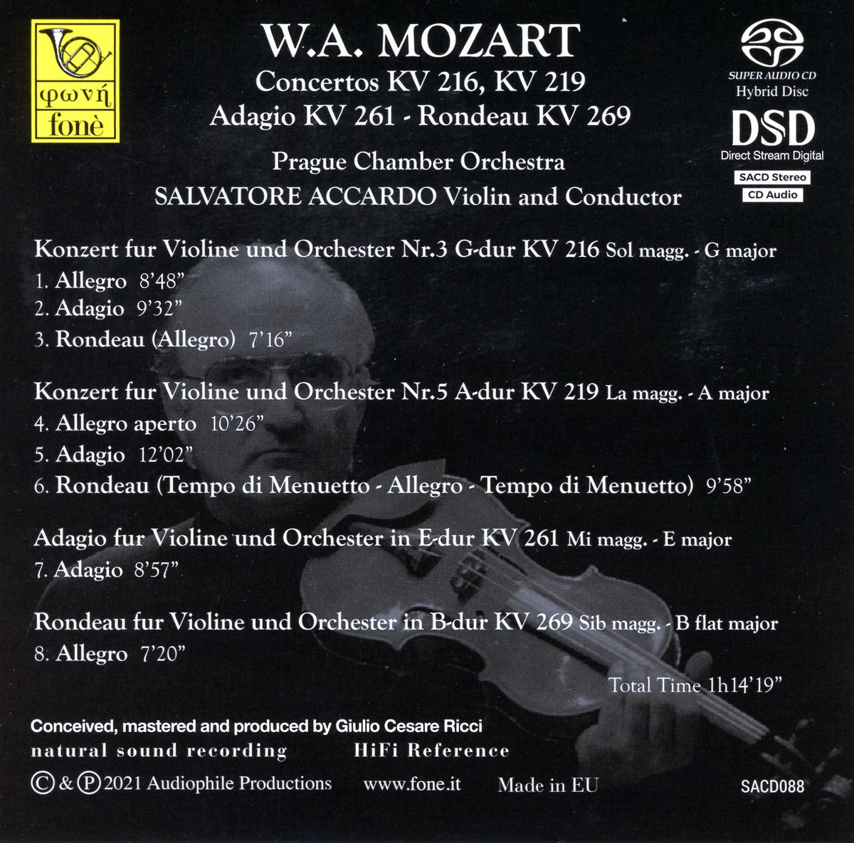 Retro della copertina Fonè Mozart, Salvatore Accardo, Prague Chamber Orchestra con tracklist delle otto tracce e durate