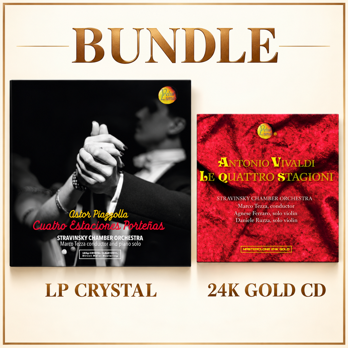Bundle Velut Luna: copertina LP Cuatro Estaciones Porteñas di Piazzolla e copertina Masterclone 24K GOLD CD™ Le Quattro Stagioni di Vivaldi