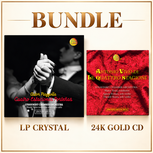 Velut Luna bundle: Piazzolla Cuatro Estaciones Porteñas LP cover and Vivaldi Le Quattro Stagioni Masterclone 24K GOLD CD™ cover